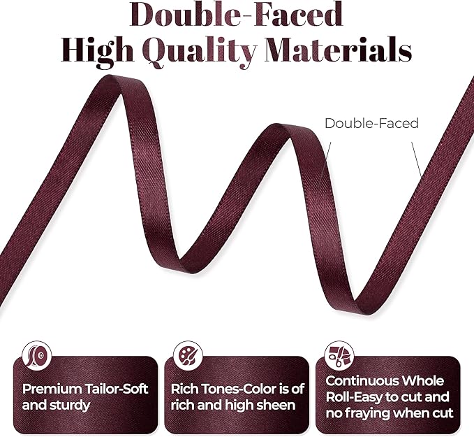 Burgundy Satin Ribbon, Double Faced 1/4 Inch X 25 Yards Burgundy Ribbon, Premium Satin Ribbon for Gift Wrapping, Crafts, Hair Bow Making, Sewing, Flower Bouquet, Wedding Party Decor