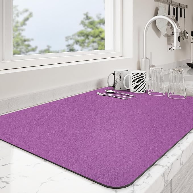 Dish Drying Mat for Kitchen Counter | Coffee Bar Mat for Countertops | Heat Resistant Drainer Mat with Non-slip Rubber Backed | Hide Stain Kitchen Absorbent Draining Mat | Purple 18"x28"