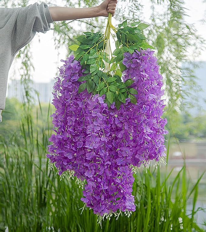 Artificial Flowers Hanging Flowers, Fake Wisteria Flower Garland Silk Vines Rattan String Decor for Home Wedding Arch Wall Garden Greenery Bedroom Outdoor Office Party Decoration (12, Light Purple)