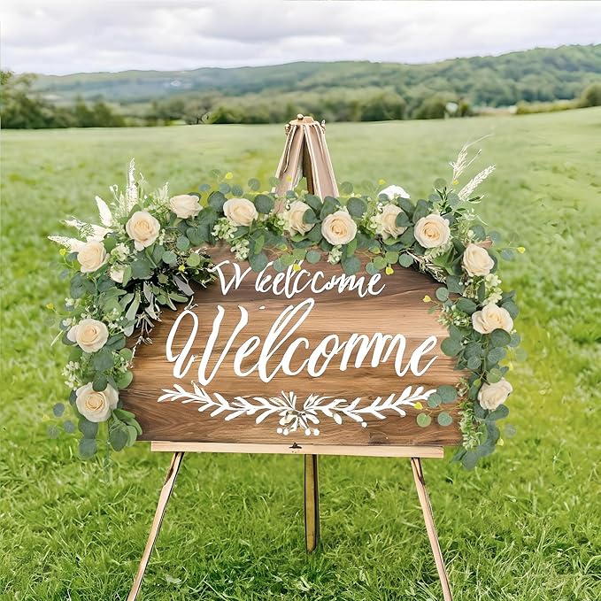 TOCHGREEN 4Pcs(26 Ft) Artificial Eucalyptus Flower Garland with Champagne Rose Flowers,Faux Rose Vine Gypsophila,Floral Greenery for Party Wedding Table Decor (Champagne, 4PCS)