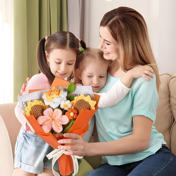 Crochet Flower Bouquet Handmade Crochet Flowers Gifts, Crochet Tulips Sunflowers Roses 7Pcs for Mothers Day Weddings Birthdays Home Decor Ideal for Women Moms Wife Friends(Orange)