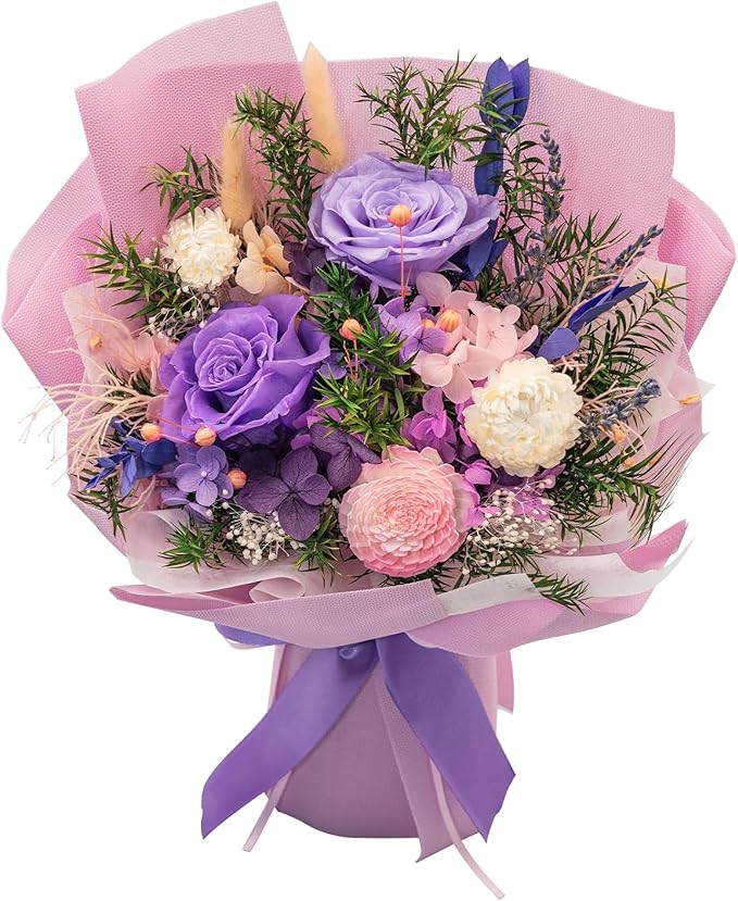 HUACHIPLUS Natural Eternal Flowers Gift: Preserved Flowers Bouquet, Anniversary, Birthday, Mom Gifts for her-Flowers for Delivery Prime-Purple Forever Flower Arrangement (Lilac)