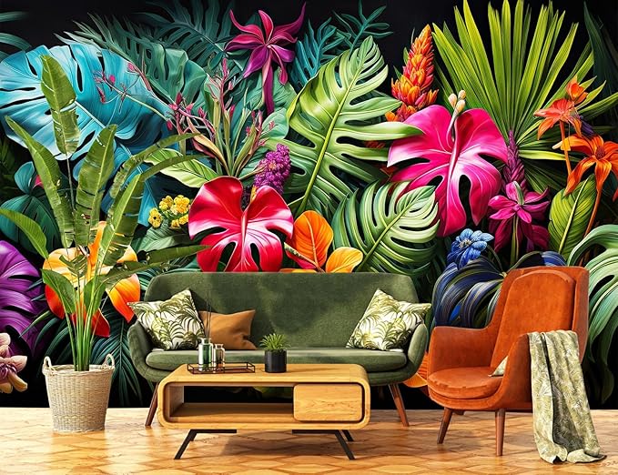 Tropical Jungle Wallpaper Peel and Stick Colorful Botanical Leaf Self Adhesive Wall Mural for Living Room Bedroom 137"x100"