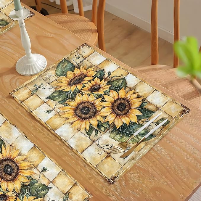 Farmhouse Sunflower Placemats Set of 6, Country Flowers Place Mats, Rustic Yellow Check Dining Table Mats, Washable Placemats for Kitchen Dining Room Home Decor 18L'' × 12W''