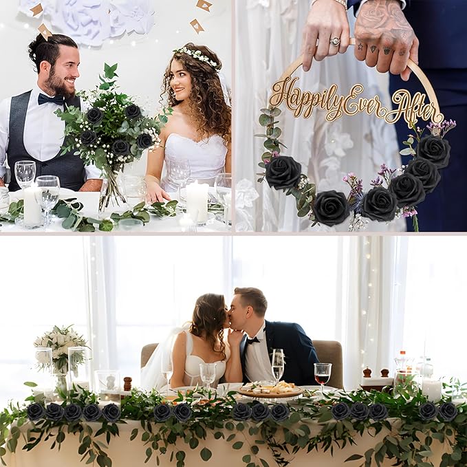 100PCS Black Artificial Flowers Roses Real Looking Foam Fake Roses with Leaves and for DIY Wedding Bouquets Bridal Shower Centerpieces Party Decorations (Black, 100)