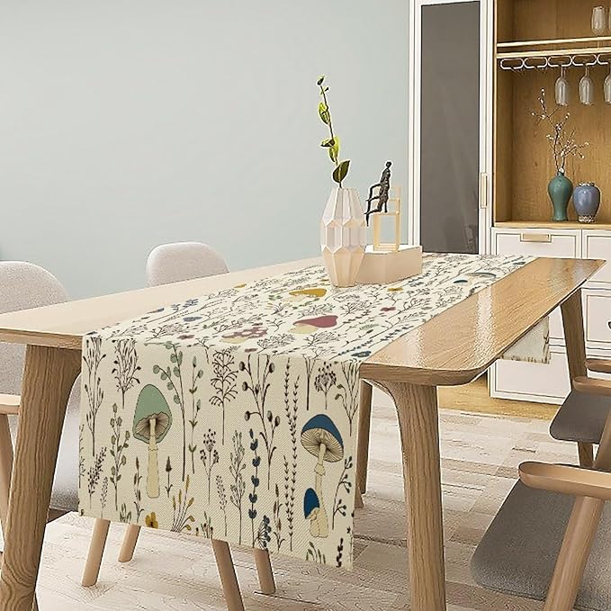 Mushroom Table Runner,Colorful Wild Plants and Fungus Botanical Plants Pattern Print Burlap for Hotel Indoors Outdoor Dining Room Kitchen Holiday Party, 13x70in