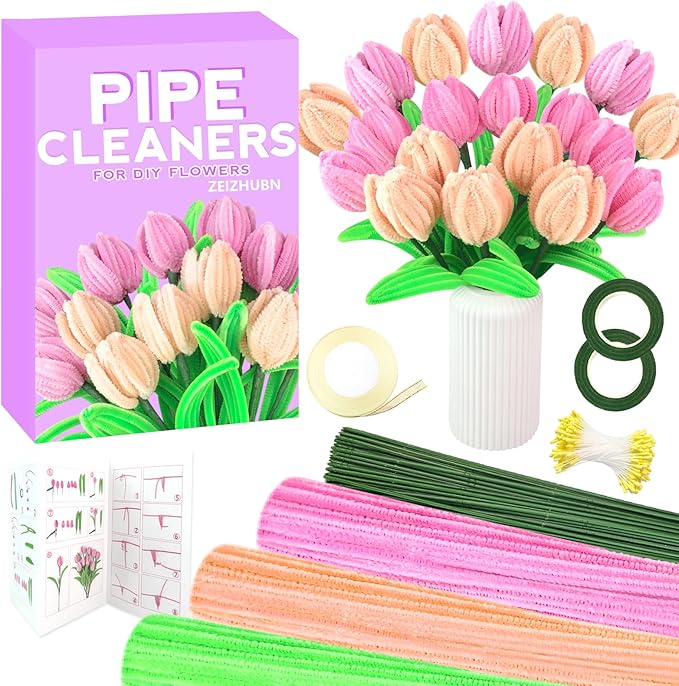ZEIZHUBN 300 Pieces Pipe Cleaners, Pipe Cleaners Flower Bouquet Kit, Flower Making Kit with Floral Wires Tape, Art and Craft Supplies Projects DIY Decoration Holiday Party Birthday Gifts