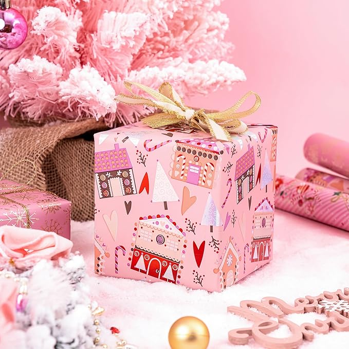 WRAPAHOLIC Christmas Wrapping Paper Roll - Mini Roll - 3 Rolls - 17 Inch X 120 Inch Per Roll - Pink Christmas tree, House, Snowflake Holiday Collection