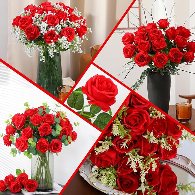 50PCS Artificial Silk Roses Flowers – Realistic Fake Roses in Bulk & Bouquet Long Stem Red Rose for Wedding Centerpieces, Home Decor, Floral Arrangements, Party Decoration (Red)