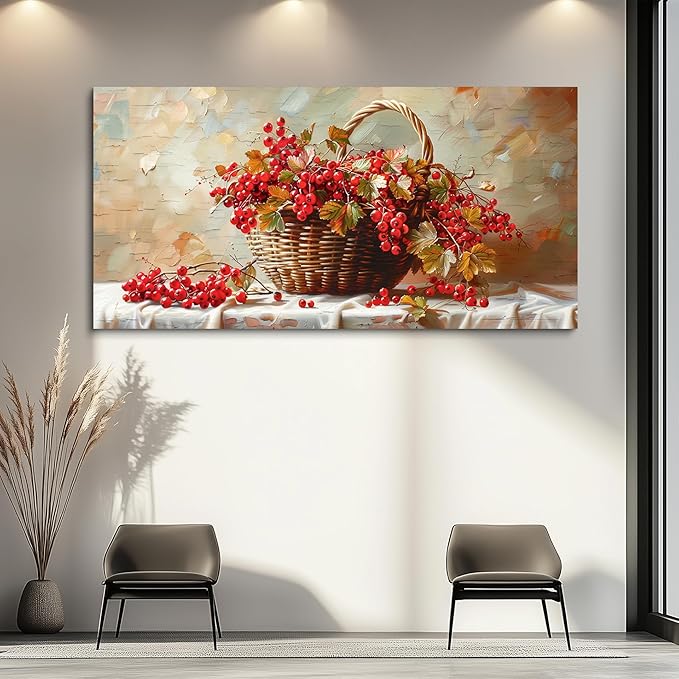 hyidecorart Large Canvas Print Wall Art Rustic Dining Room Artwork For Walls Still Life Bamboo Basket And Fruit Vintage Wall Decor Pictures For Living Room Farmhouse Kitchen Bar Office Posters 30x60