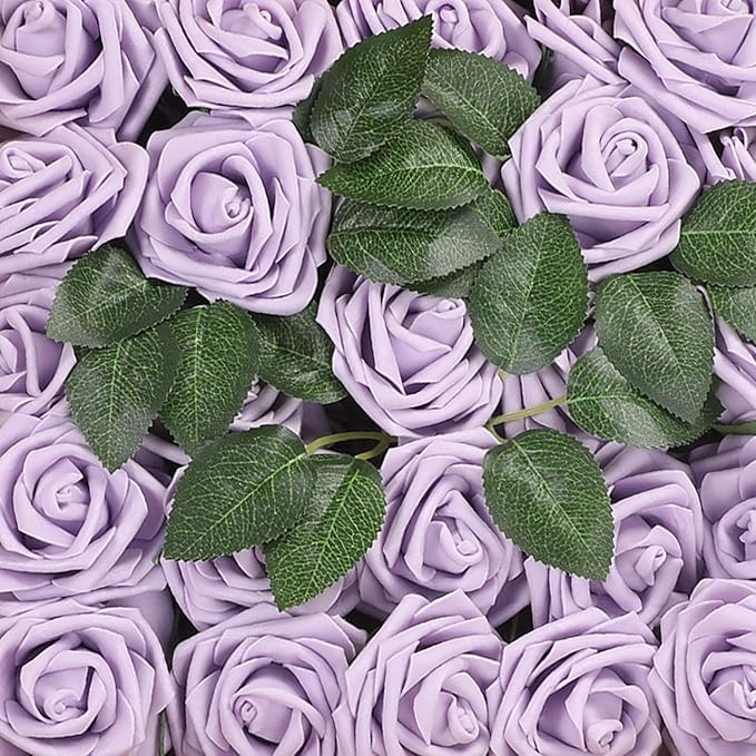 Artificial Flowers Roses 50pcs Lilac Roses Wedding Decoration Real Looking Fake Roses w/Stem for DIY Wedding Bouquets Centerpieces Arrangements Party Baby Showers Home Decorations (Lilac, 50 pcs)