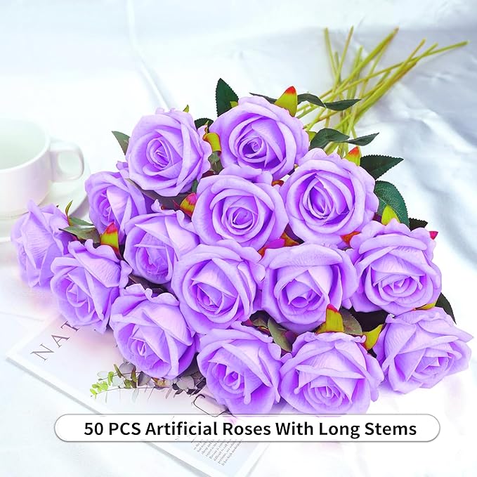 50PCS Artificial Roses with Long Stems - Realistic Silk Flowers, Fake Roses Real Touch Bouquet of Roses for Home Decor, Bridal Wedding Party Table Centerpieces, Bulk Faux Rose Flowers ( Purple )