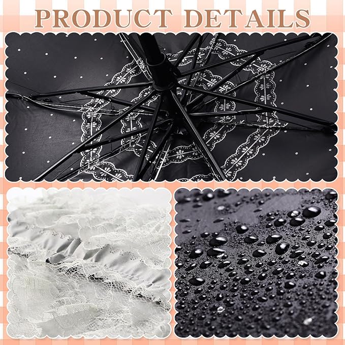 Princess Lace Parasol Folding Gothic Lolita Umbrella Lace Parasol Gloves Fan Set Flower Printed Lining for Cute UV Sun Protection Umbrella for Christmas Wedding Cosplay Photoshoot Decoration