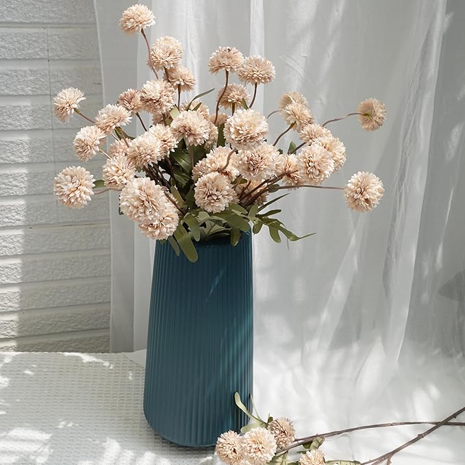 Faux Kiku Flower - Beige 12 Stems Artificial Silk Flowers for Home Decor Indoor Pompon Mums Fake Flowers Ball for Table Centerpieces Wedding Flowers Fillers