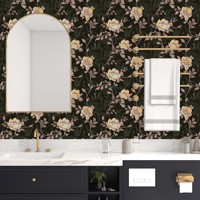 Black Orange Floral Peel and Stick Wallpaper Flowers Contact Paper 17.5"x118" Self Adhesive Waterproof Vintage Dark Floral Wall Paper for Shelf Liner Cabinet Decor