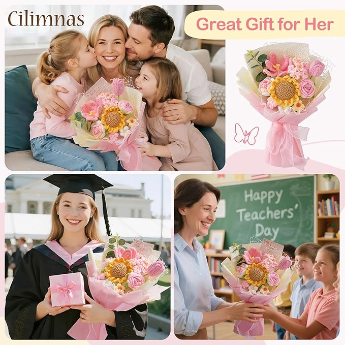 Cilimnas Crochet Flower Bouquet,Pink Knitted Flowers, Handmade Sunflowers Tulips Roses Bouquet for Birthday Anniversary Party Mother's Day Graduation Gifts