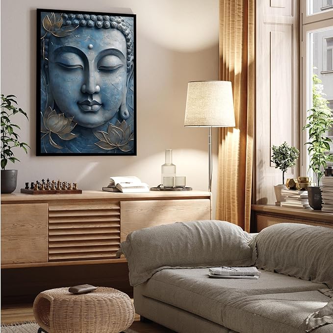 Canvas wall art Golden lotus crown Serene Buddha poster Ethereal blue toned art with delicate floral decor Zen wall art for a tranquil meditation space 12x18in Metal blackFramed
