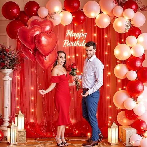10x10ft Red Tulle Backdrop Curtain with Lights String for Parites, Sheer Backdrop Curtains for Christmas Wedding Baby Shower Birthday Party Photo Shoot Decorations