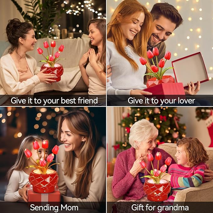 Birthday Gifts for Women,Red Tulips Flower Home Decor Touch Table Lamp,3-Colour Dimming Rechargeable Cordless Small Night Light for Festival Housewarming Gifts for Mom