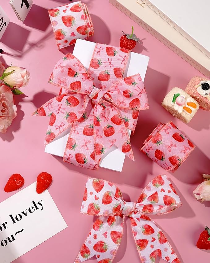 2 Roll 10 Yards Strawberry Wired Edge Ribbon 2.5 Inch Strawberry Bow Heart Daisy Fabric Ribbon Strawberry Gift Wrapping Ribbon for Crafts, Hair Bows, Wreath, Summer Party, Holiday Decor