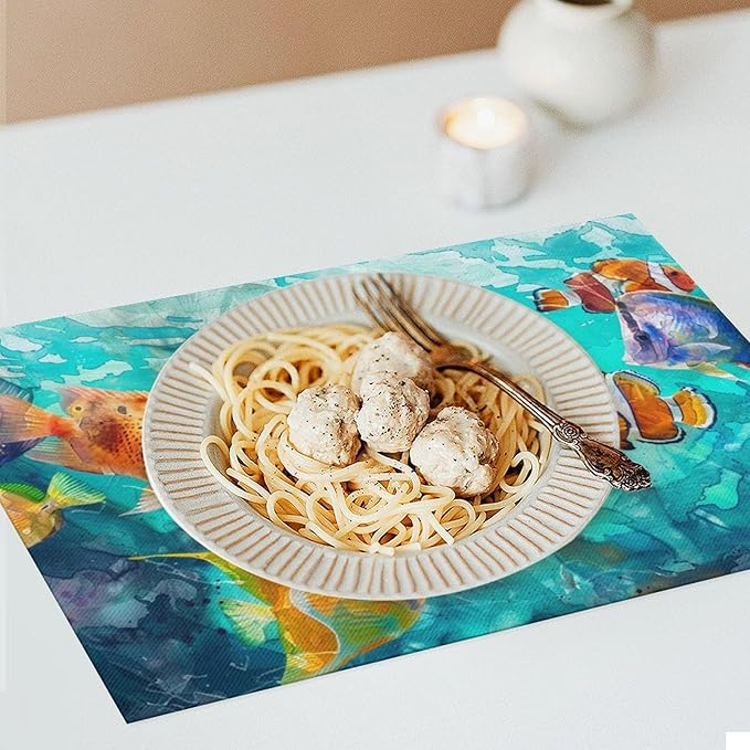 Fishing Placemats Set of 4 Colorful Fish Place Mats Heat Resistant for Dining Table Ocean Animals Fishes Waterproof Washable Table Mats Kitchen Dining Decoration 4 PCS