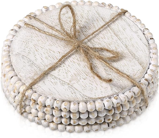 Honeydak 4 Pieces Wood Beaded Coasters 3.9 Inch Round Rustic Farmhouse Wooden Coasters for Drinks Decorative Table Top Wood Bar for Housewarming Home Kitchen(Beige)