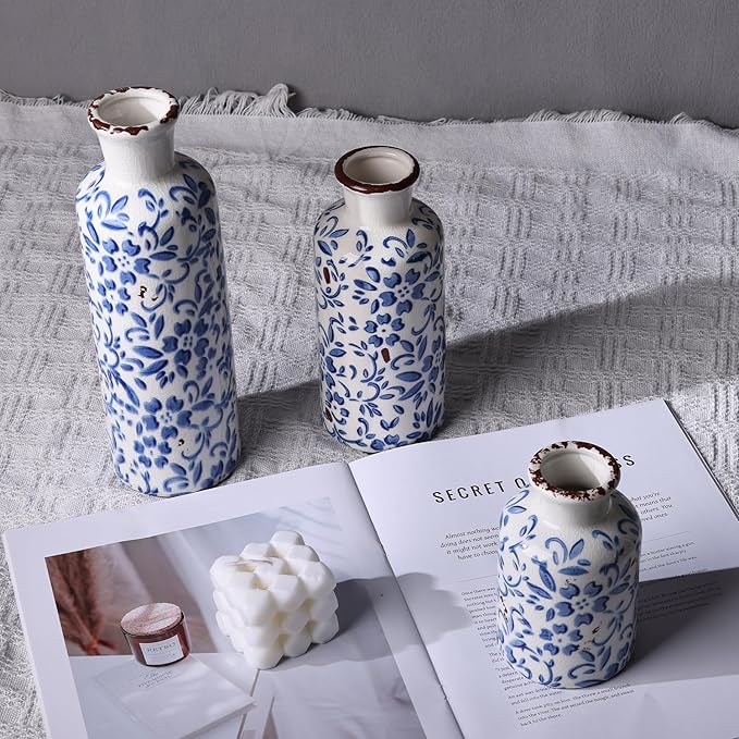 Ceramic Vase Set of 3 - Modern Chinoiserie Blue Floral Decorative Vases for Home Decor, Rustic Farmhouse Boho Vases for Living Room, Mantel, Dining Table, Bookshelf, Kitchen or Entryway Decoration