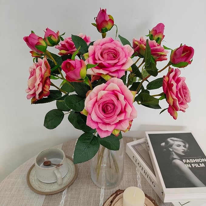 ATFL Pink and Purple Fake Roses Flowers, 6 Pcs Faux Silk Real Touch Moisturizing Artificial Rose Flowers for Decoration DIY Wedding Party Home Office Decoration and Dining Table Centerpiece