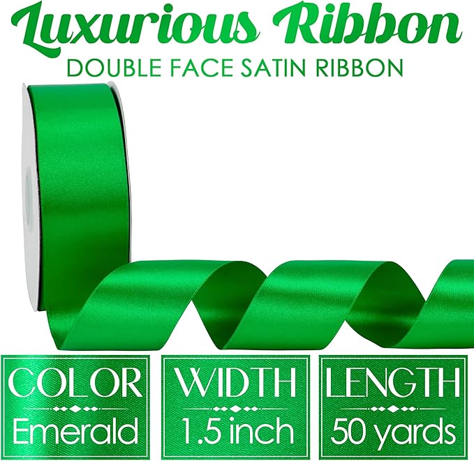 MEEDEE Satin Ribbon - Emerald Green, 1-1/2 Inch, Double Faced, 50 Yards for Christmas, Crafts, Weddings, Flowers, Holidays
