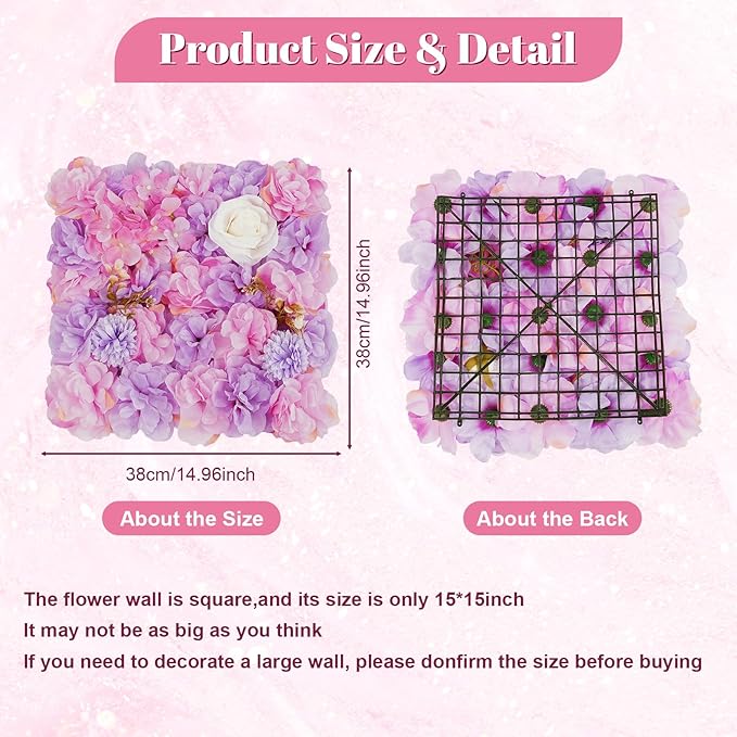 12Pcs Artificial Flower Wall Panel 3D Floral Backdrop Wall 15" X 15" Flower Panel Decor Flower Backdrop Faux Rose Panels for Party Home Background Decor, Pink