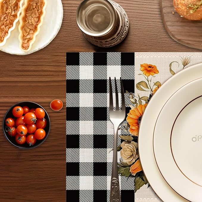 Pumpkin Plaid Placemats Set of 6,Washable Heat Resistant 12×18 Inch Linen Table Mats Fall Place Mats for Party Outdoor Dining Décor