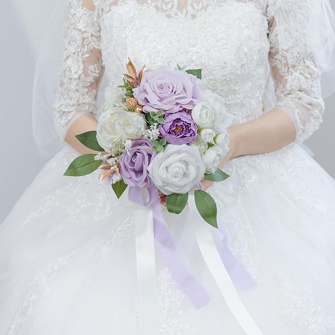 ponatia Lilac Wedding Bouquets for Bride Bridesmaid, White Wedding Artificial Roses Flowers for Wedding Bouquets Ceremony, Anniversary (Lilac & White & Ivory)