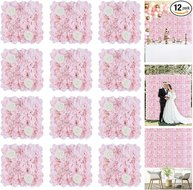FOTSHARER Pink Flower Wall Backdrop 12 Pack 3D Flower Wall Panel 15'' x 15'' Silk Rose Floral Walls Artificial Flower Panels for Backdrop Floral Wedding Background for Bridal Shower Party Events