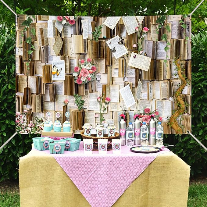 6x4ft Books Background for Photography Books Pages Pink Flowers Wedding Party Backdrop for Book Lovers Photography Studio Props KUHBDJ166
