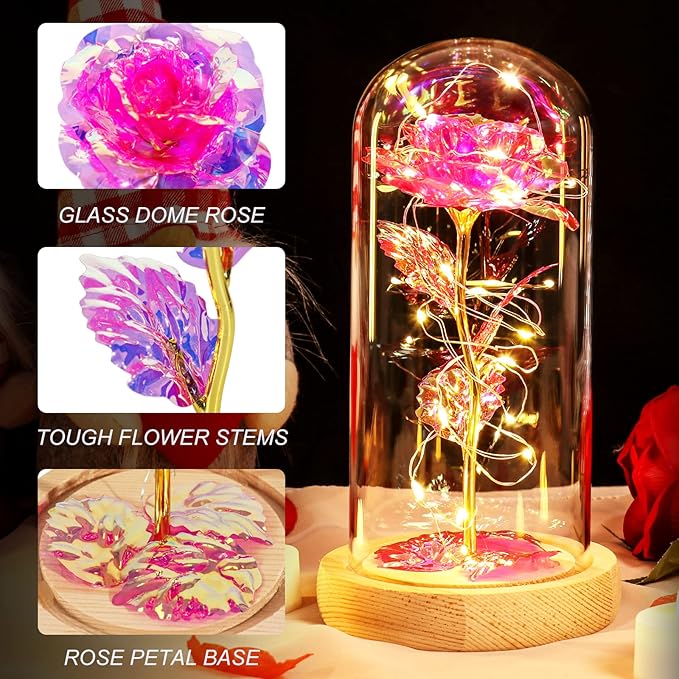 Beferr Mom Birthday Gifts for Women, Galaxy Glass Rose Forever Preserved Flowers for Delivery Prime Light Up Rose in Glass Dome Christmas Rose Gifts for Her Wife Daughter Friends, Pink