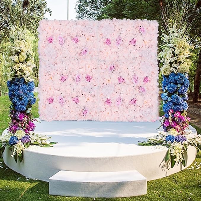 4Pcs Artificial Flower Wall Panel,3D 16" X 24" Silk Rose Mat Artificial Flower Wall,Rectangle Decorative Backdrop Flower Panels Wall for Bridal,Patio,Garden,Yard Decor(Light Pink, Champagne)