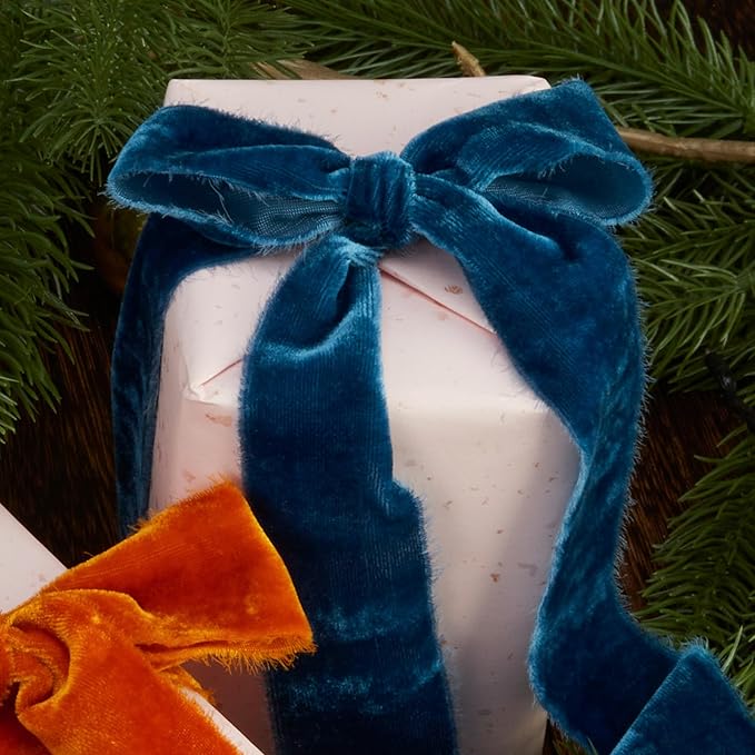 Dusty Blue Velvet Ribbon Handmade Fringe Fabric Ribbons for Crafts Flower Bouquet Wedding Decorations 2 Rolls 1 1/2 Inch x 2 Yd (4 Yards Total)