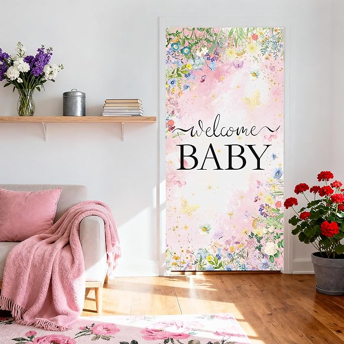 Wildflower Baby Shower Decorations Banner - Floral Welcome Baby Door Banner Party Supplies, Flower Theme Photo Background for Birthday Baby Shower Gender Reveal (72.8 x 35.4 inch)
