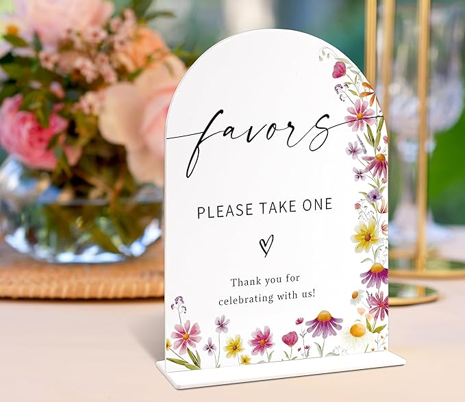 Favors Please Take One Sign for Wedding Table Decor, Wild Flower Arch Acrylic Wedding Signs for Reception, Floral Bridal Shower Engagement Party Decor for Baby In Bloom Baby Shower Decorations