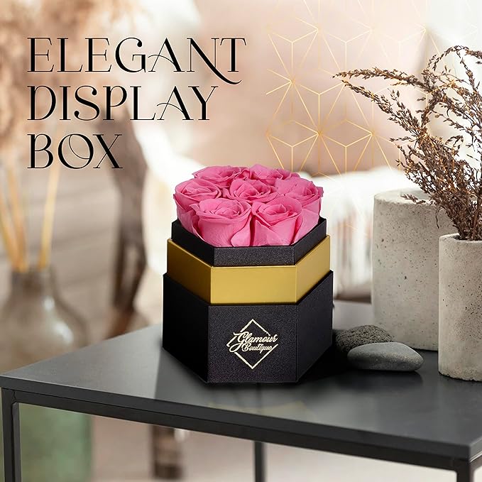 GLAMOUR BOUTIQUE Eternal Preserved Roses in a Box - Flowers Forever, Rose Forever in a Box for Wife, Birthday Gifts for Her, 7 Roses, Pink