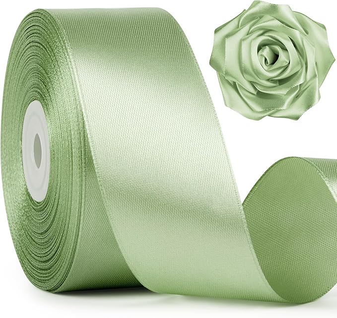 1-1/2 Inch Wide Sage Green Satin Ribbon, 50 Yards Solid Polyester Fabric Ribbon for Roses Making, Gift Wrapping, Christmas, Wedding Decorations, Crafts, Bows