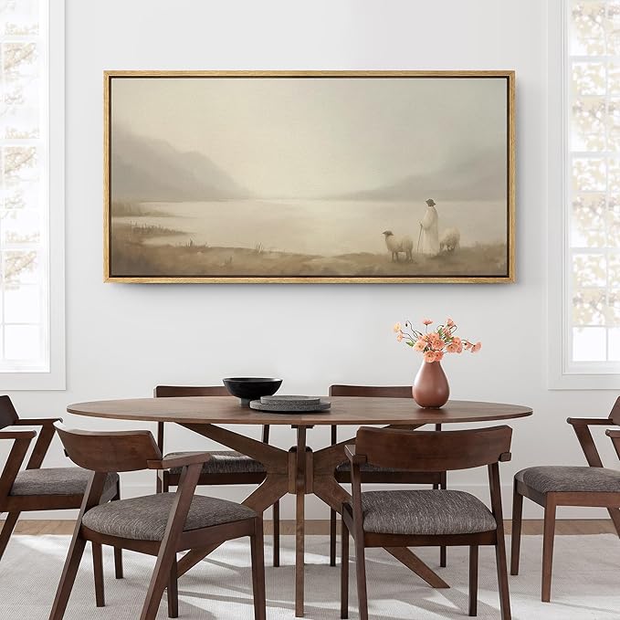 SIGNFORD Extra Large Framed Canvas Print Wall Art Pastoral Scene with Shepherd and Sheep by Lake Illustrations Modern Art Relax/Calm Warm for Living Room, Bedroom, Office - 60"x30"