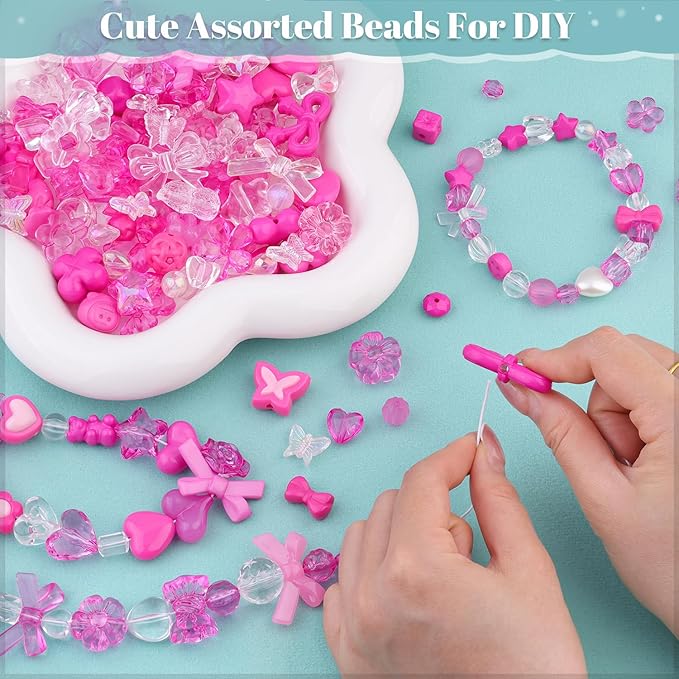 Assorted 200-260PCS Rose Pink Acrylic Beads for Bracelet Making, Flower Bow GummyBear Bracelet Charms,Cute Beads for Jewelry Making DIY Necklace Keychain Phone Charm Christmas Gift