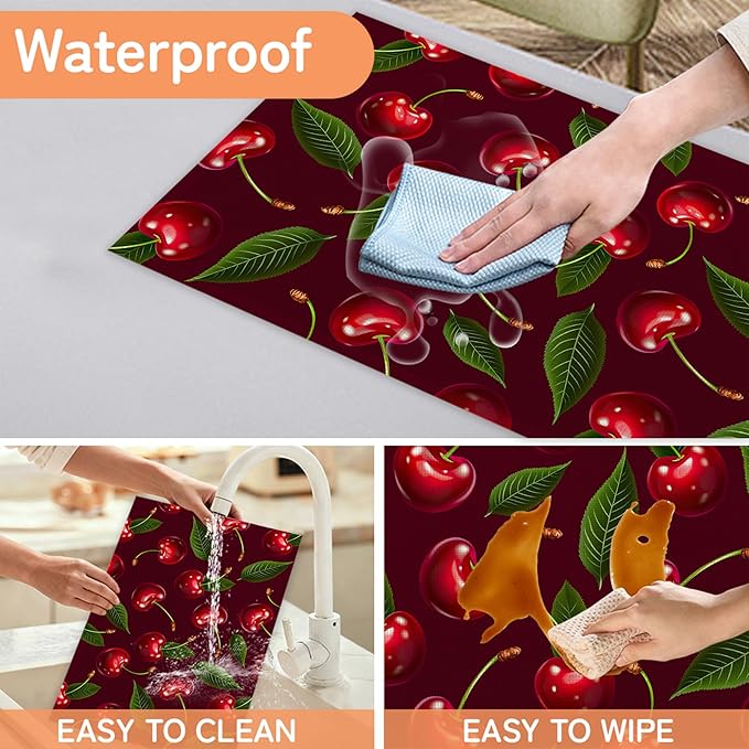 Cherry Table Mats Set of 6,Red Non-Slip Washable Placemats for Restaurant Home Kitchen Dinner Table 12x18Inch