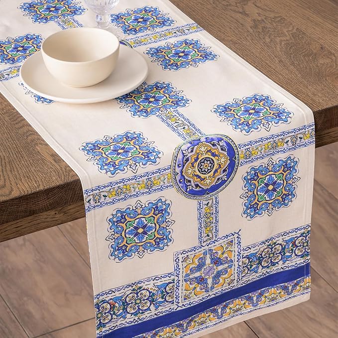 Maison d' Hermine Tablerunners 100% Combed Cotton Premium Table Runner Decorative Table Cover, Home, Kitchen, Dining, Sciacca, Double Layer - (14.5"x108")