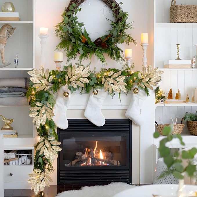 Champagne Christmas Glitter Magnolia Leaves Spray, 31inch Christmas Tree Picks and Sprays, Artificial Glitter Stem Ornaments for Christmas Tree Garland Wreath Centerpiece, 3PCS