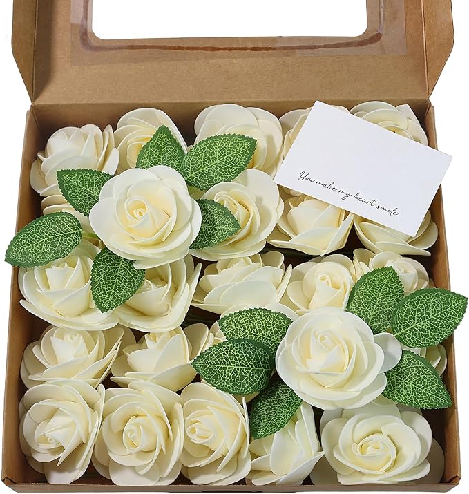 Meldel Artificial Flowers 50pcs Real Looking Beige Foam Fake Roses with Stems for DIY Wedding Bouquets Bridal Shower Centerpieces Floral Arrangements Home Decorations