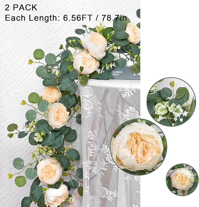 SOMYTING Artificial Flower Garlands Eucalyptus Garlands with Flowers Rose Peony Flower Vine Faux Floral Garland for Wedding Party Arch Table Wall Backdrop Decoration (Champagne, 2PCS)
