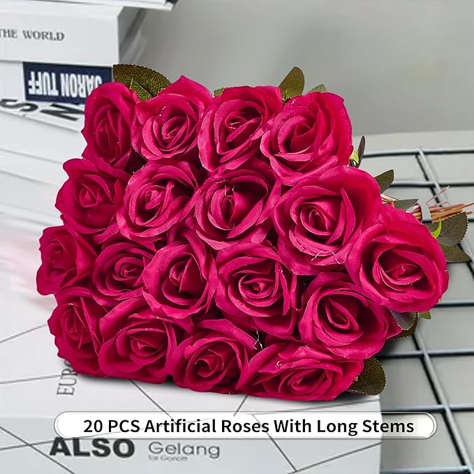 20PCS Artificial Roses with Long Stems - Realistic Silk Flowers, Fake Roses Real Touch Bouquet Roses for Home Decor, Bridal Wedding Table Centerpieces, Faux Rose Flowers (Hot Pink)