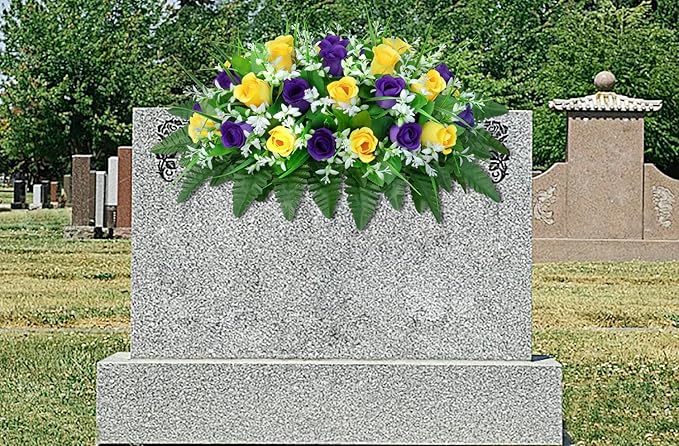 Artificial Cemetery Flowers Saddle-Shaped Tombstone Decorations Non-Fading UV-Resistant（ Yellow+Purple Saddle）